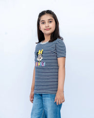 Girls Striped Graphic Tee – Navy