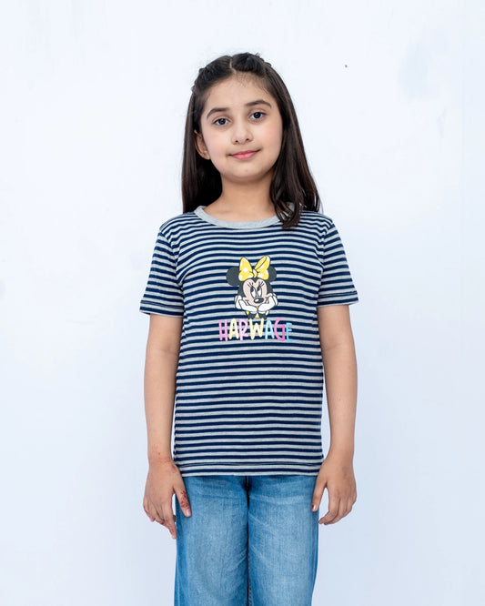 Girls Striped Graphic Tee – Navy