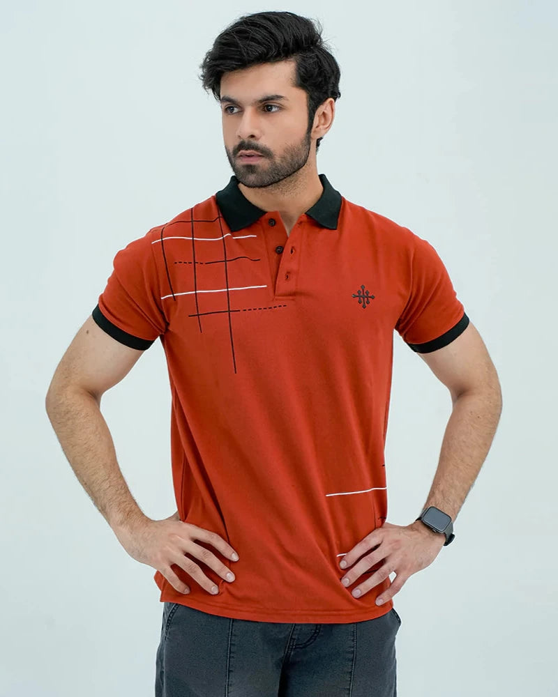 Men Graphic Polo with Contrast Trims - Chocolate Red - Harwage