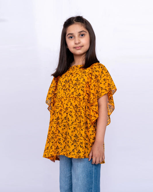 Girls Silk Printed Top – Orange