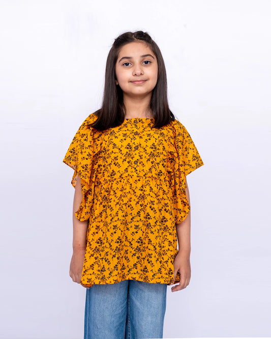 Girls Silk Printed Top – Orange