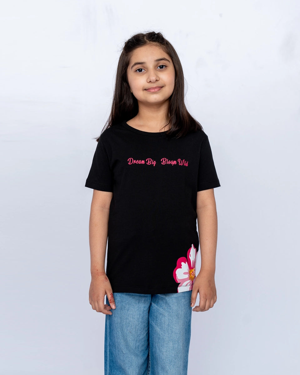 Girls Printed Graphic Tee – Black