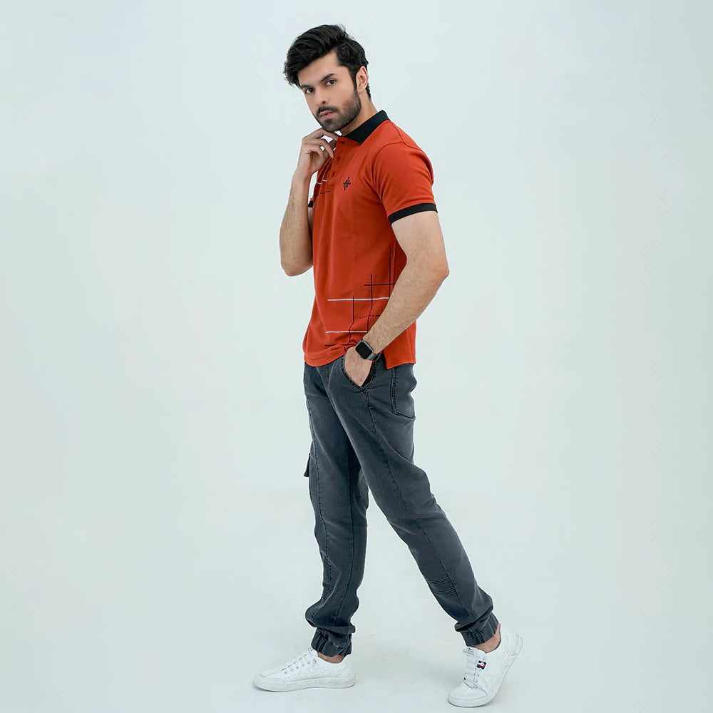 Men Graphic Polo with Contrast Trims - Chocolate Red - Harwage
