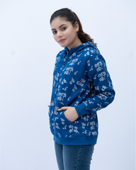 Women Allover Print Zipper Hoodie - Classic Blue