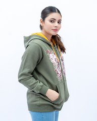 Women Printed Zipper Hoodie - Olive Green