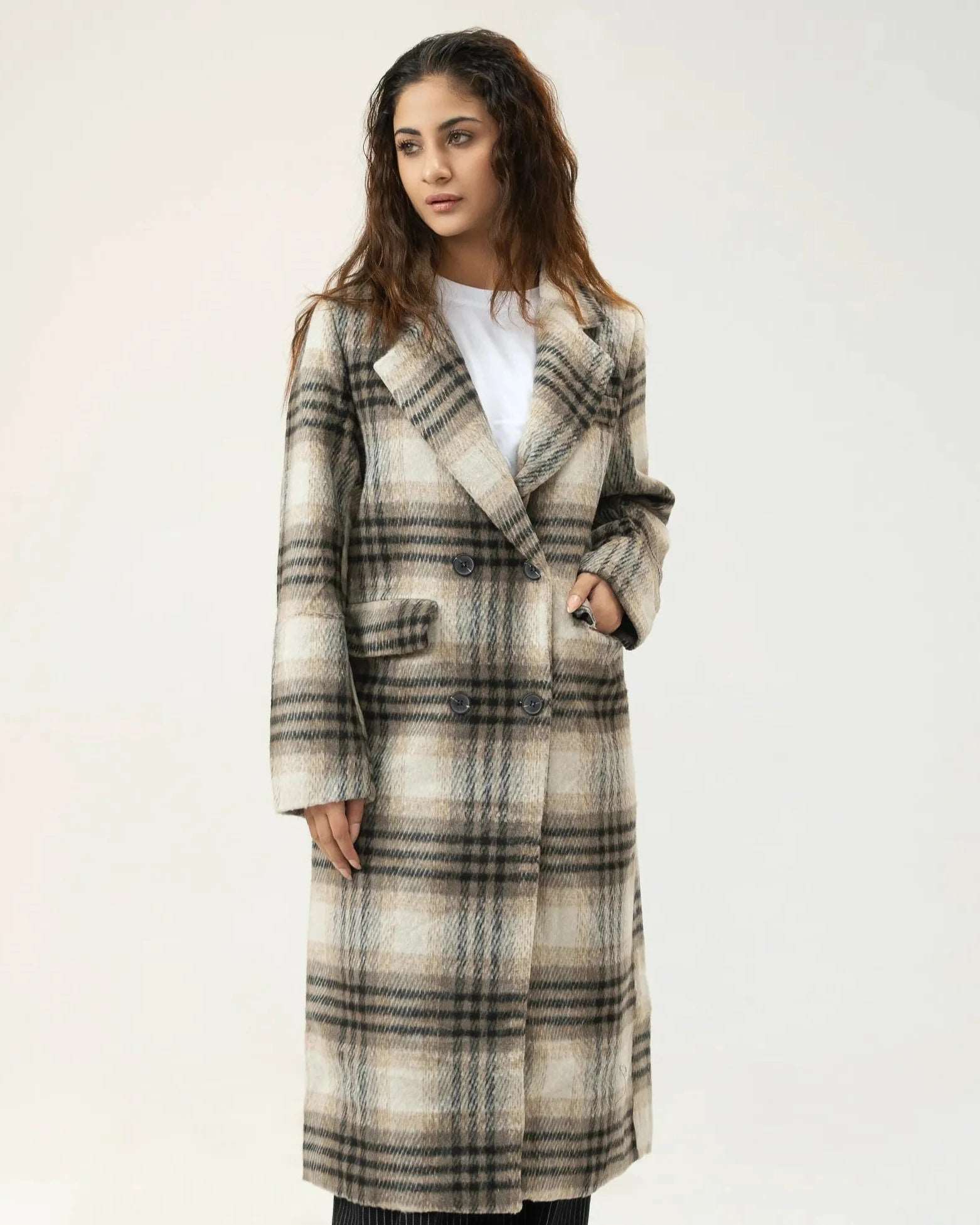 Women Long Wool Tweed Coat - Checkered - Harwage