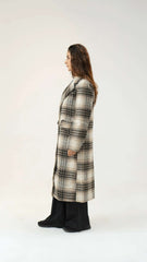 Women Long Wool Tweed Coat - Checkered - Harwage