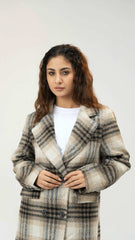 Women Long Wool Tweed Coat - Checkered - Harwage