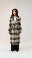 Women Long Wool Tweed Coat - Checkered - Harwage