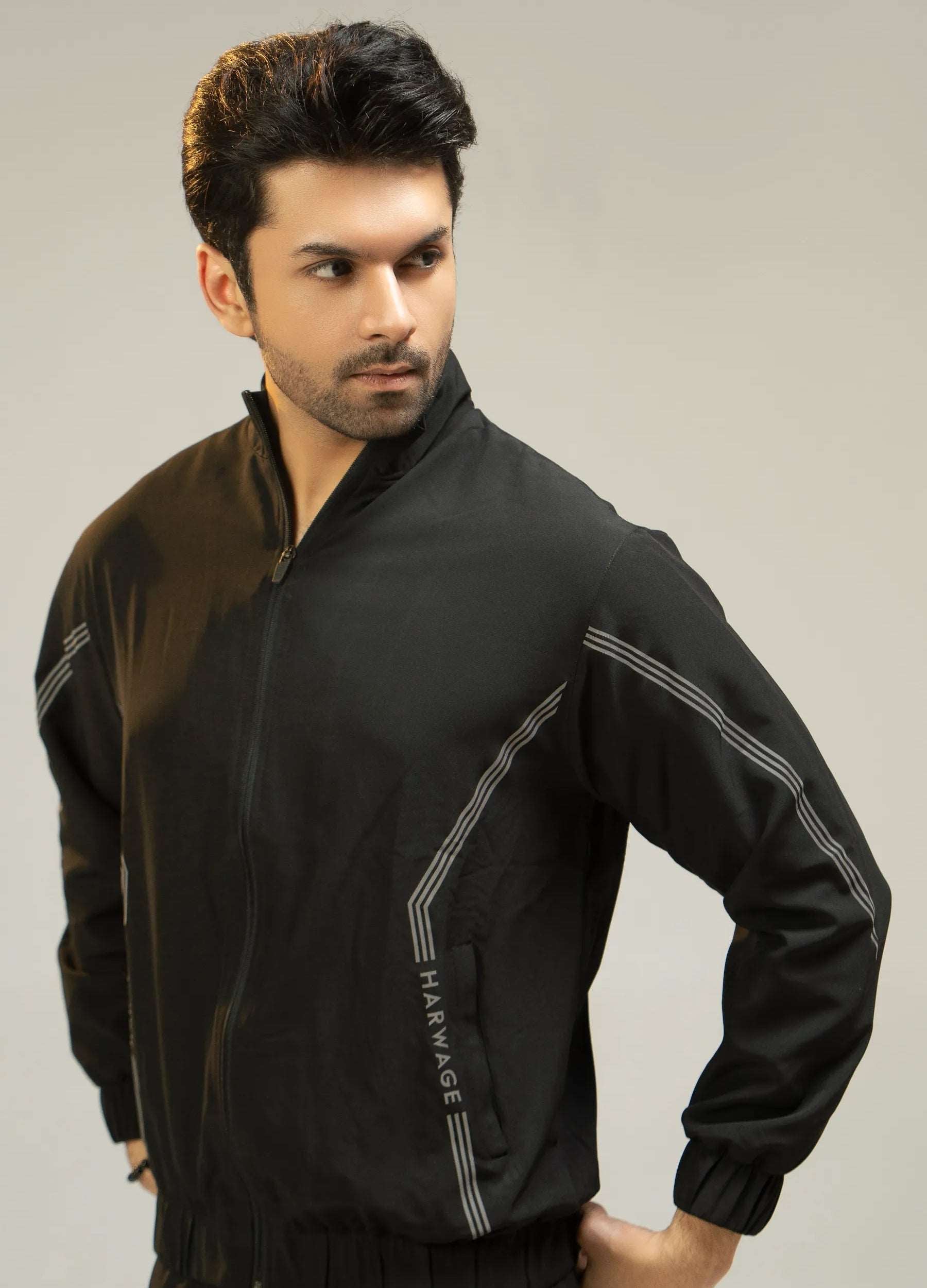 Men Regular Fit Tracksuit - Black - Harwage