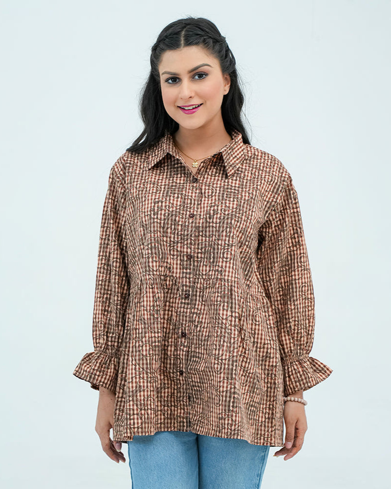 Women Checkered Printed Shirt – Brown - Harwage