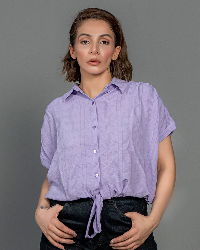 Women Drawstring Hem Poplin Super Cropped Shirt - Purple - Harwage