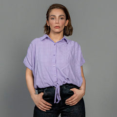 Women Drawstring Hem Poplin Super Cropped Shirt - Purple - Harwage