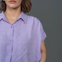 Women Drawstring Hem Poplin Super Cropped Shirt - Purple - Harwage