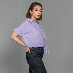 Women Drawstring Hem Poplin Super Cropped Shirt - Purple - Harwage
