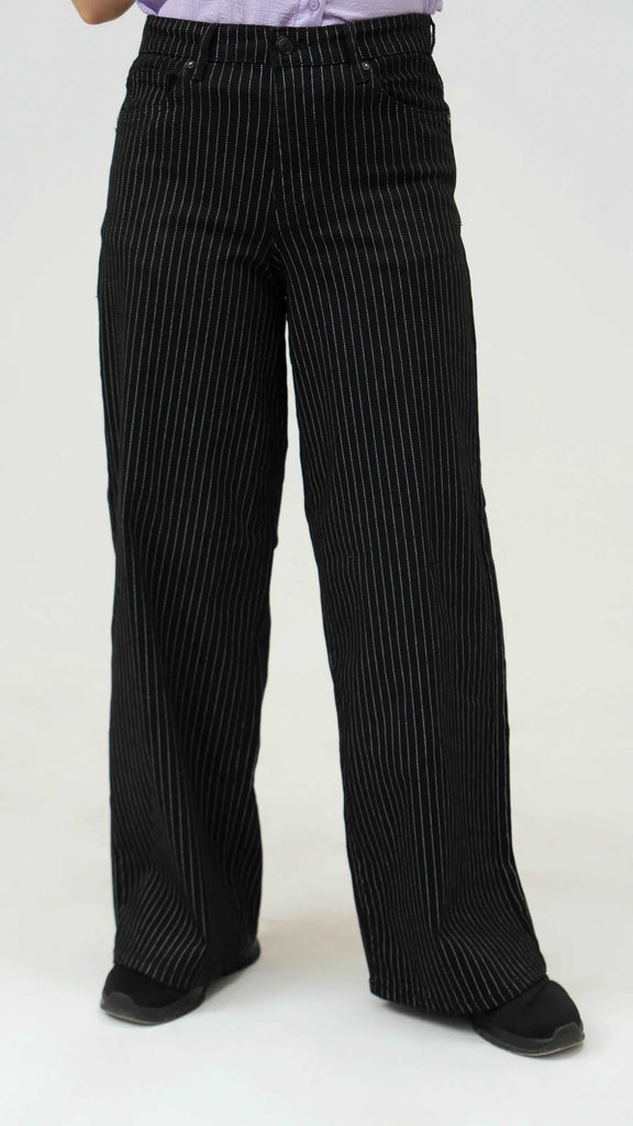 Women Stripped Jeans Wide Leg - Black - Harwage