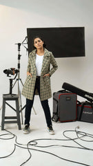 Women Long Tweed Coat - Dark Green Checkered - Harwage