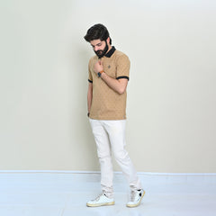 Men Graphic Collar T-Shirt – Beige - Harwage