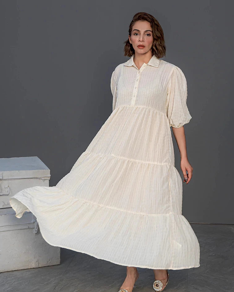 Women Long Frock Dress Shirt – Cream - Harwage