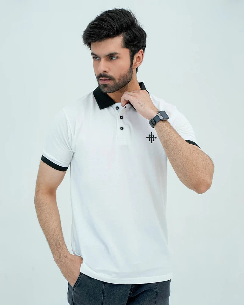 Men Polo Shirt with Contrast Trims - White - Harwage